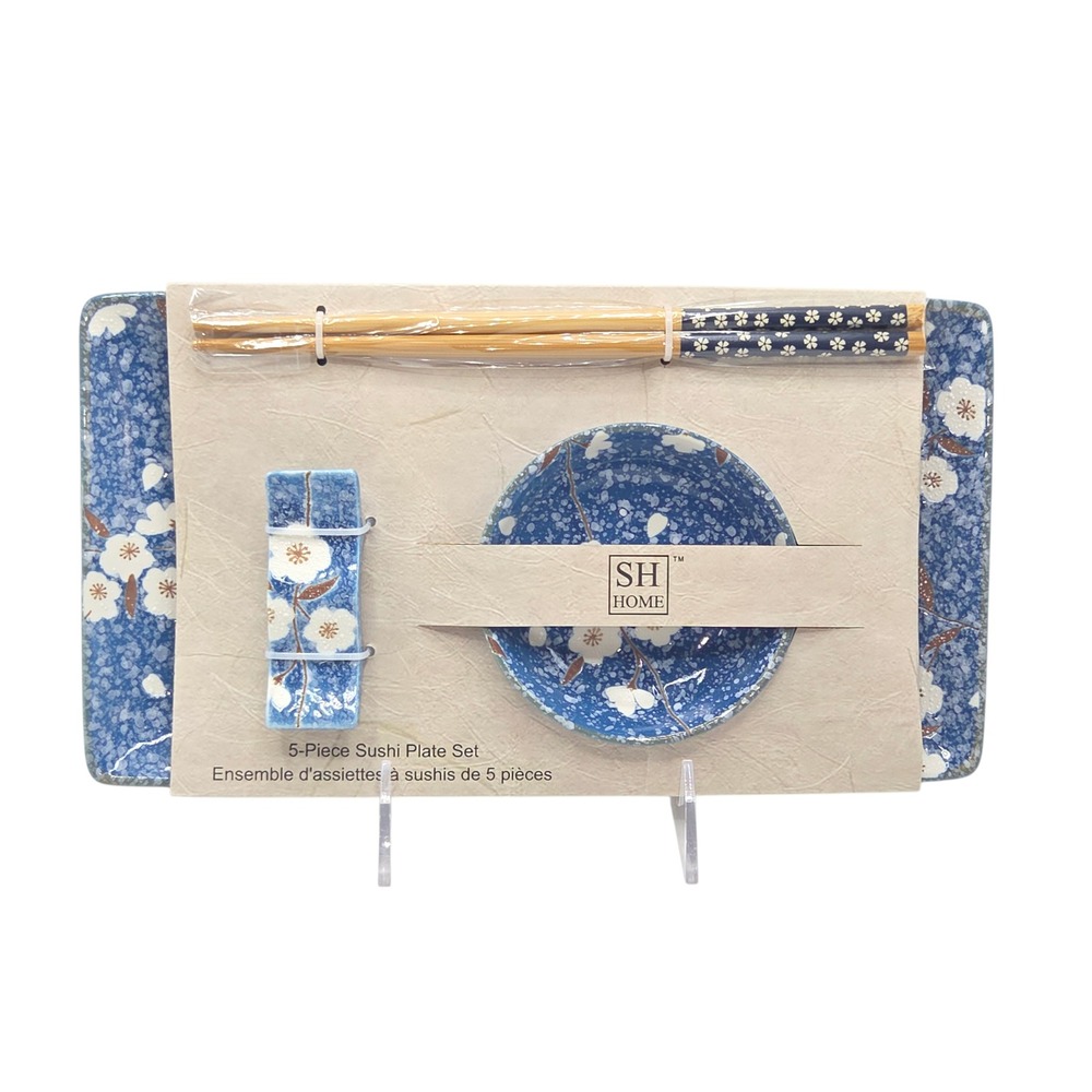 SH Home 5-Piece Ceramic Sushi Plate Set Blue Sakura Cherry Blossom Design 11x6in